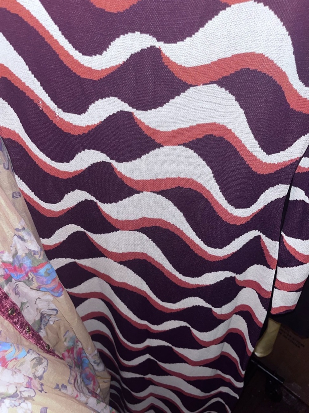 Misa Los Angeles Wavy Stripe dress in Plum, Cream & Coral. Fitted body con L